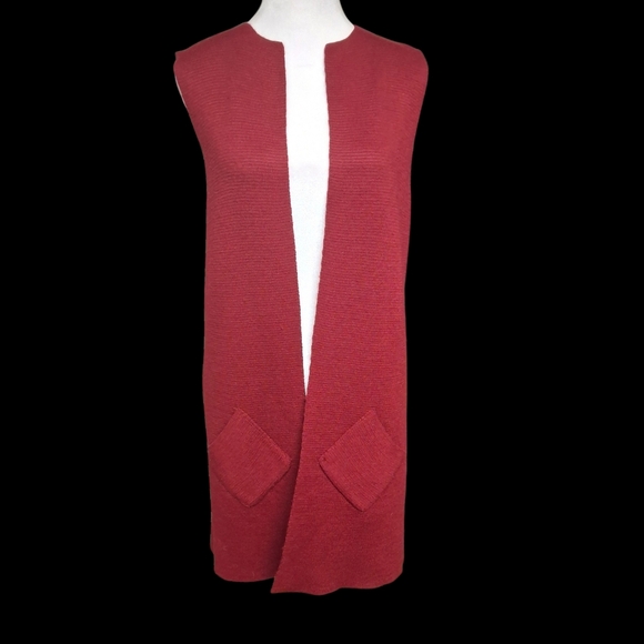 Cocogio Open-Front Sleeveless Pocket Merino Wool Maroon Long Vest Sweater Medium - Picture 3 of 16